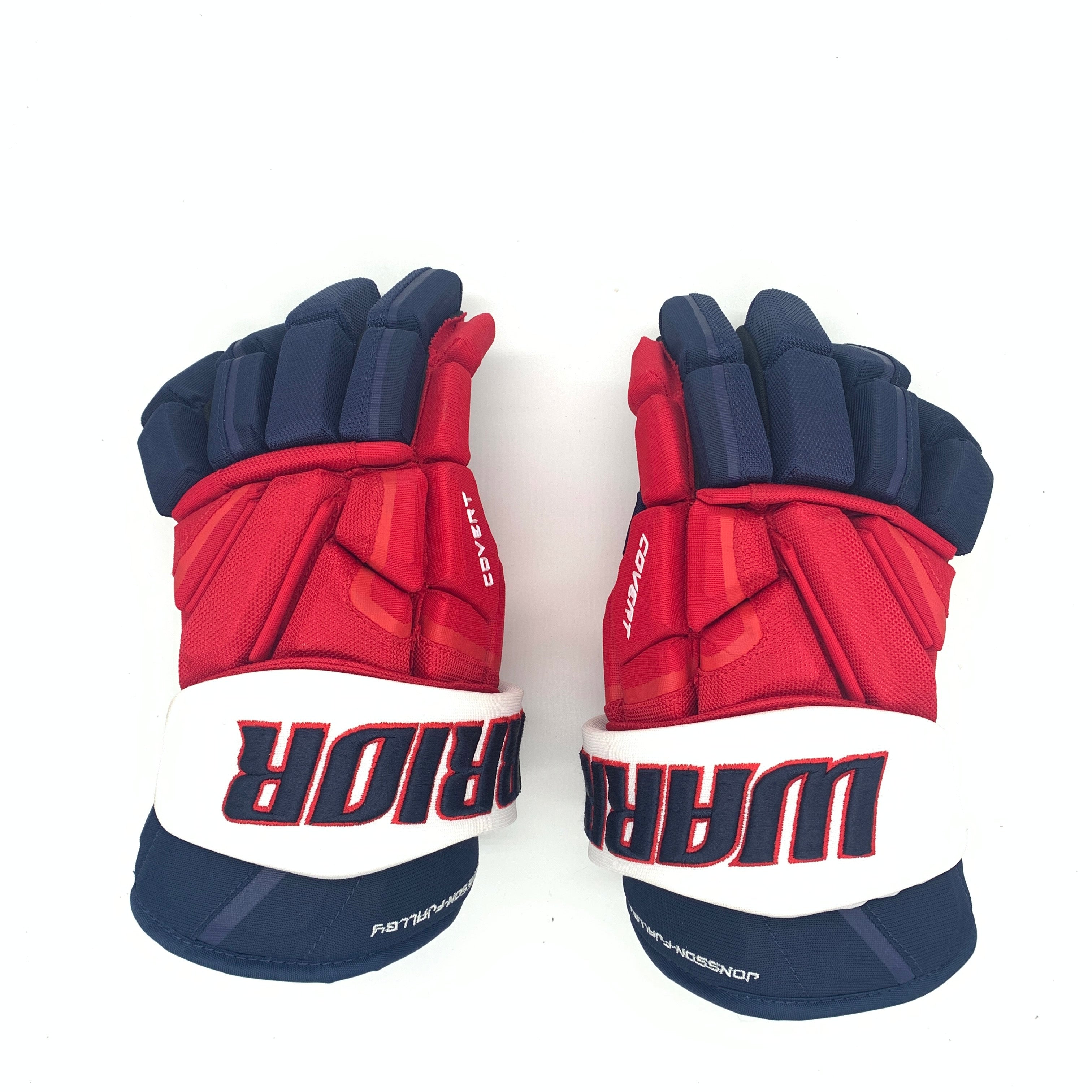 Warrior Covert - Gants d'occasion NHL Pro Stock - Capitals de Washington - Jonsson-Fjalley (bleu marine/rouge/blanc)